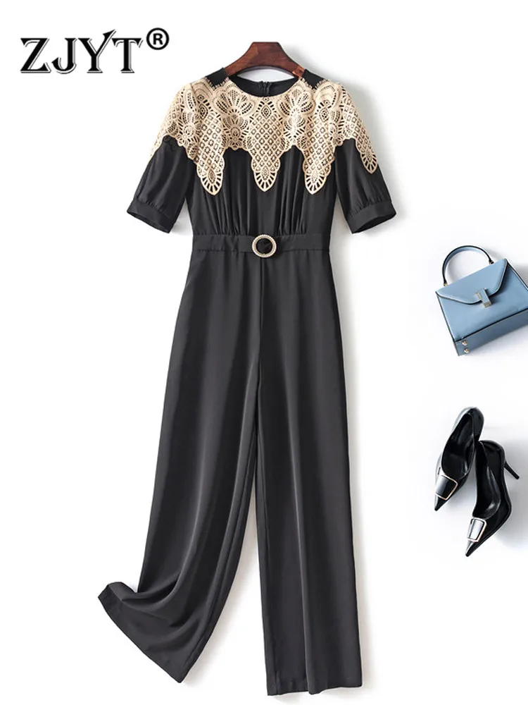 

ZJYT Embroidery Rompers Womens Jumpsuit Elegant Summer Designer Panelled One Piece Pants Office Lady Vintage Overalls for Woman