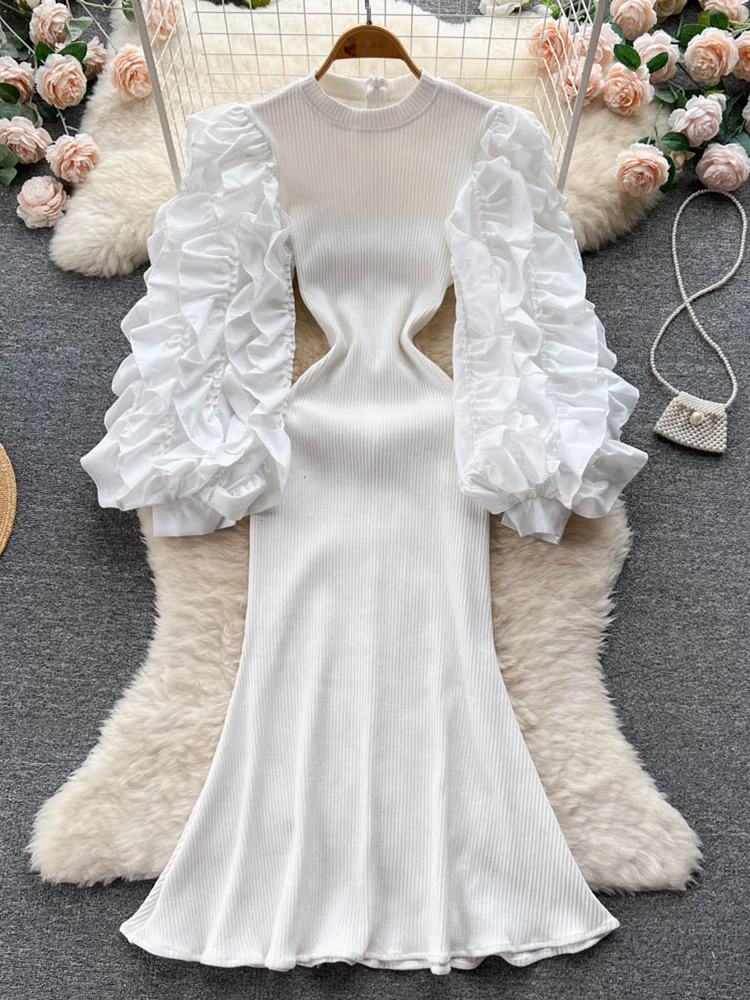 

FTLZZ Autumn Winter Elegant Women O-neck Puff Sleeve Ruffled Dress Vintage Lady Knitted Mermaid Dress Wedding Party Dress
