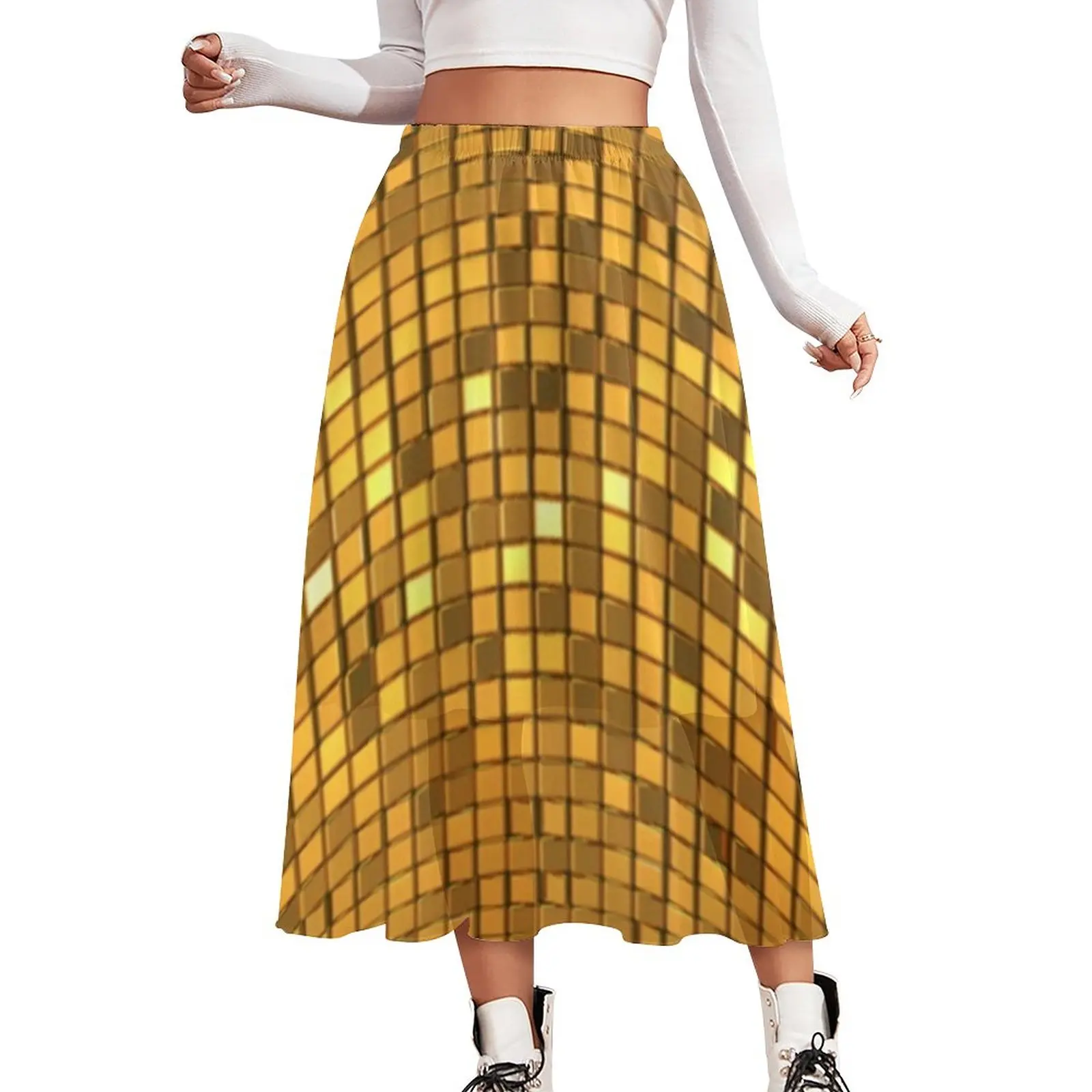 

Disco Ball Print Skirt Golden Shiny Vintage Long Skirts Elastic Waist Print Korean Fashion A-line Skirt 2XL 3XL 4XL