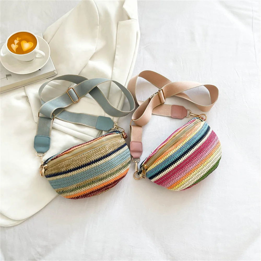 Boho Weaving Sling Bag Women Luxury Designer Striped Knitted Waist Bag Ladies Fashion Versatile Guitar Strap Crossbody Chest Bag