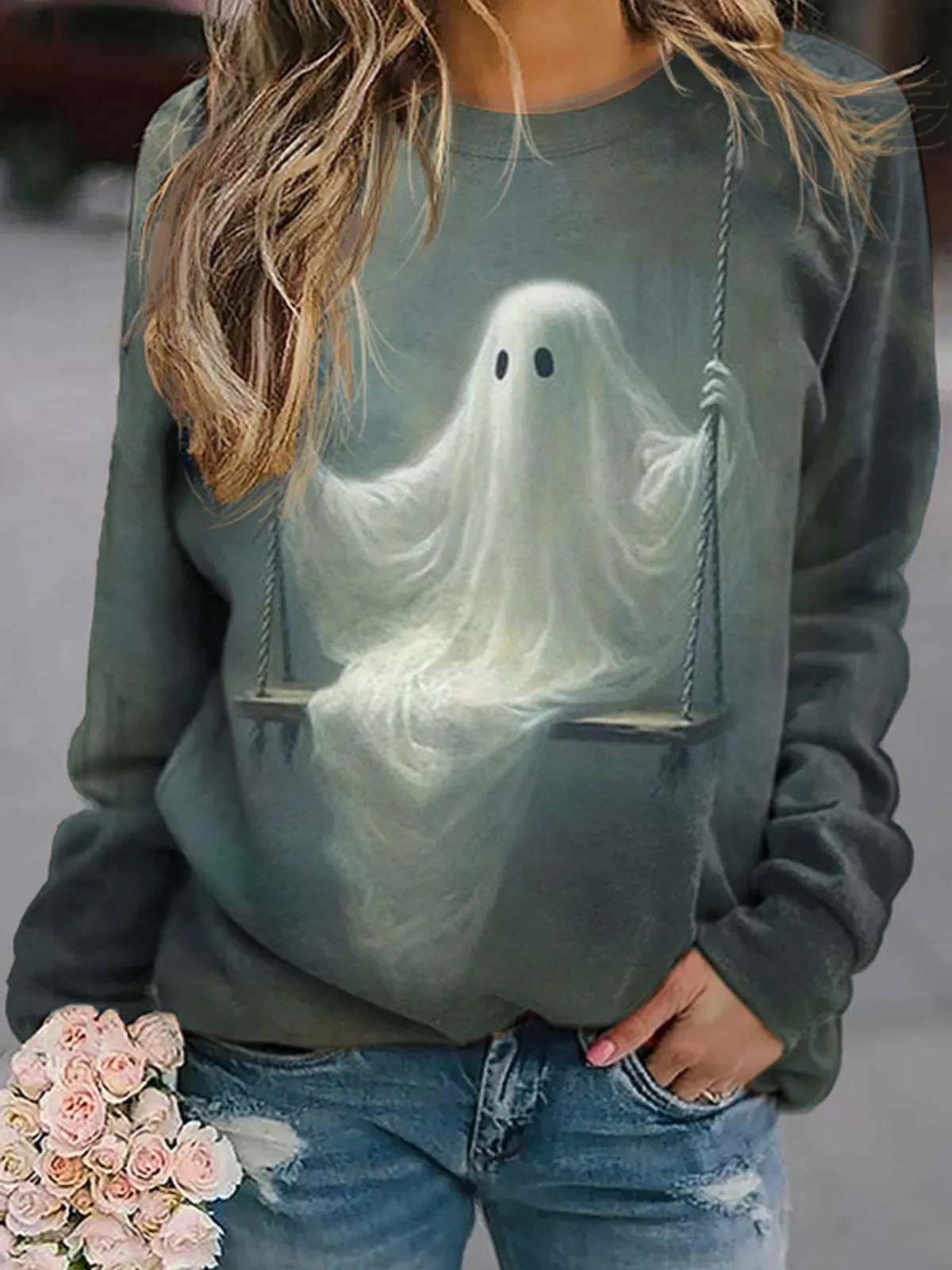 

Halloween Ghost O-Neck Sweatshirt Green American Print Sweatshirt Women 2023 New Drape Lazy Trend pullover Jacket Streetwear