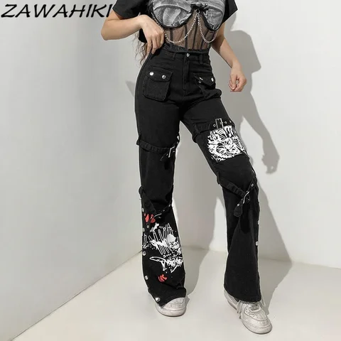 Punk Rock Girl Patchwork Pants Low Waist Streetwear Baggy Pants Y2K Aesthetic Jeans Woman Gothic Metal Decoration Pants