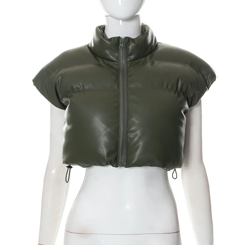Zipper Stand Collar Short Sleeve Puffer Jacket For Women Streetwear Y2K Autumn Winter PU Leather Short Jacktes Parkas Coats