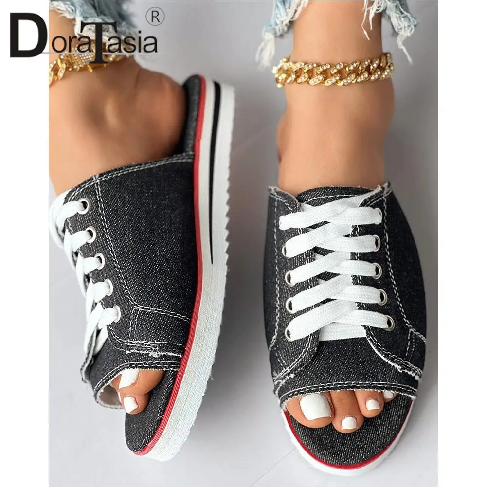 Big Size 43 New Female Light Denim Slides Fashion Lace-up Peep Toe Flat women's Slippers 2023 Casual Comfy Shoes Woman