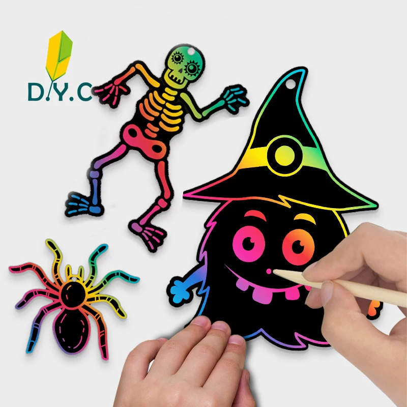 

DIY Magic Rainbow Scratch Paper Card Set Hallowmas Pattern Graffiti Stencil Drawing Board Painting Educational Toys for Kid