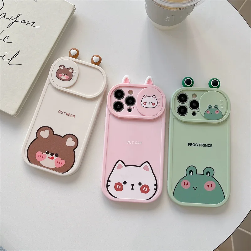 

Sliding Window Camera Animal Ears Phone Case Cover for IPhone 14 Plus 11 12 13 14 Pro Max Shockproof Cases for IPhone 14 Case