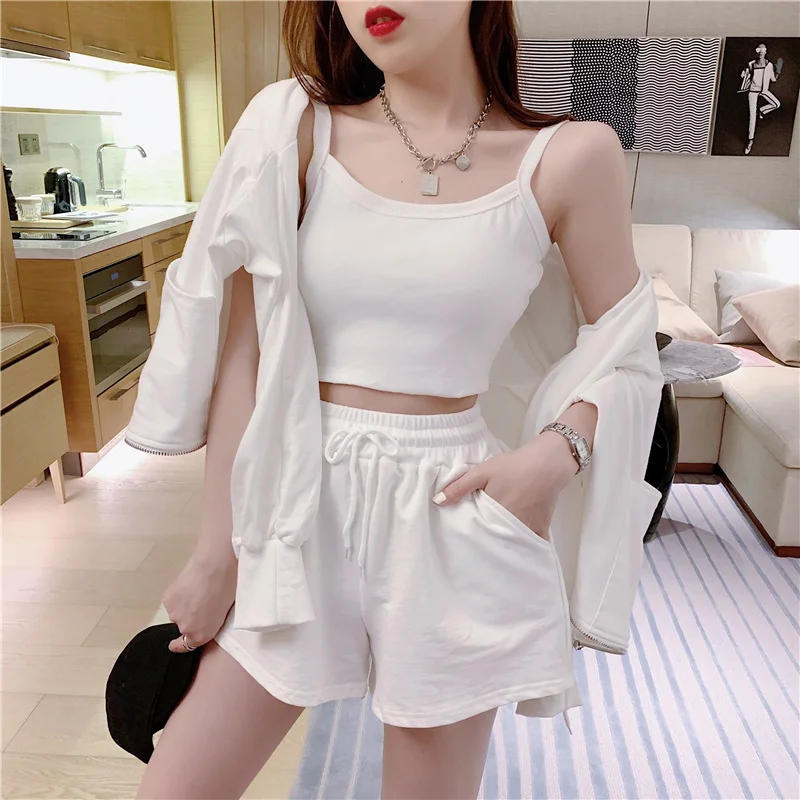 3pcs Pj Sets for Women Fashion Vest Lingerie Long Sleeve Zipper Hooded Lace-up Shorts Women's Pijamad De Mujer Cotton Pajamas