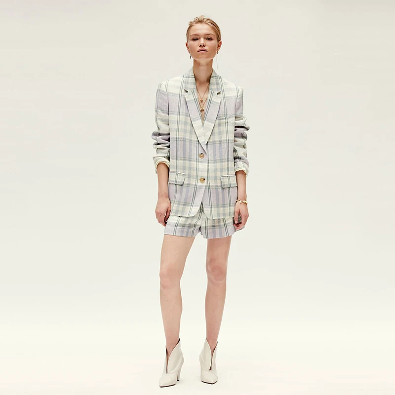 

Women's Coat 2022 Autumn New Linen Retro Plaid Long-sleeved Blazer Loose Casual All-match Coat Top And Straight Shorts