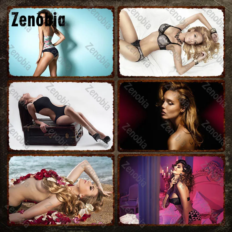 

Sexy Metal Poster Sexy Golden Hair Woman Tin Plate Rose Naked Girl By The Sea Iron Paintings Wall Stickers for Bar Pub Decor