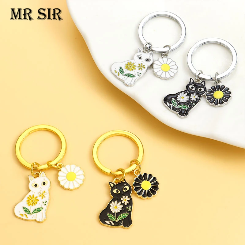 

Cute Flower Cat Enamel Pendant Keychain Daisy Cat Cartoon Animals Alloy Keyring Funny Drop Oil Key Rings for Women Jewelry Gifts