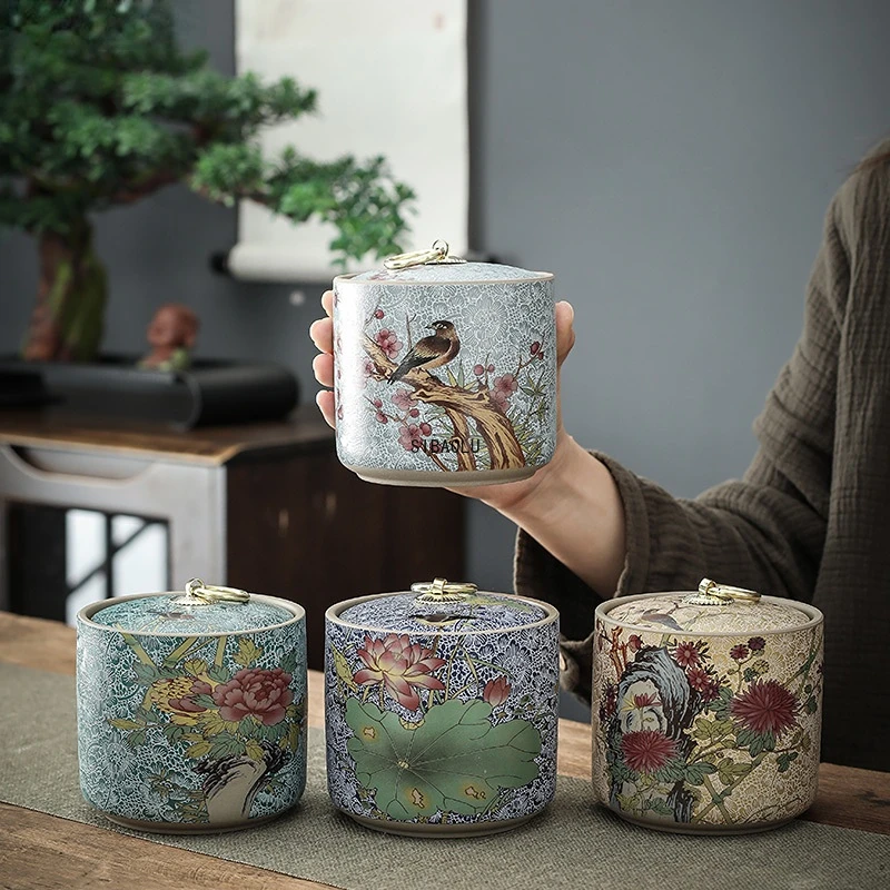 

Chinese Style Tea Pot Ceramic Sealed Pot Storage Jar Household Retro Tea Box Moisture-proof Storage Jar Living Room Decoration1