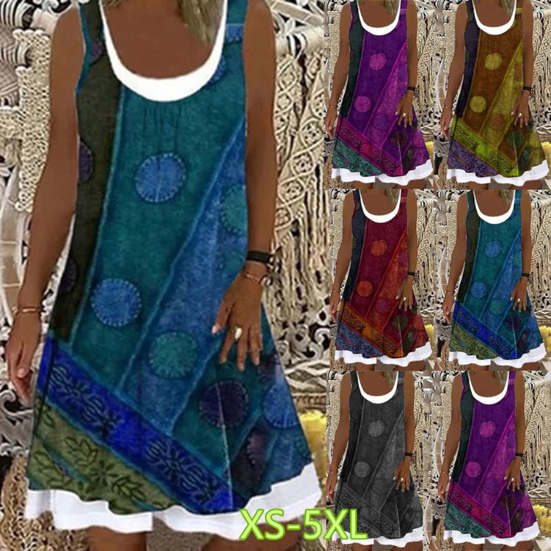 

Women's A-Line Dress Sleeveless Spring Summer Casual Daily Patchwork Print Knee Length Dress Fashion Vintage Print Skirt 2022