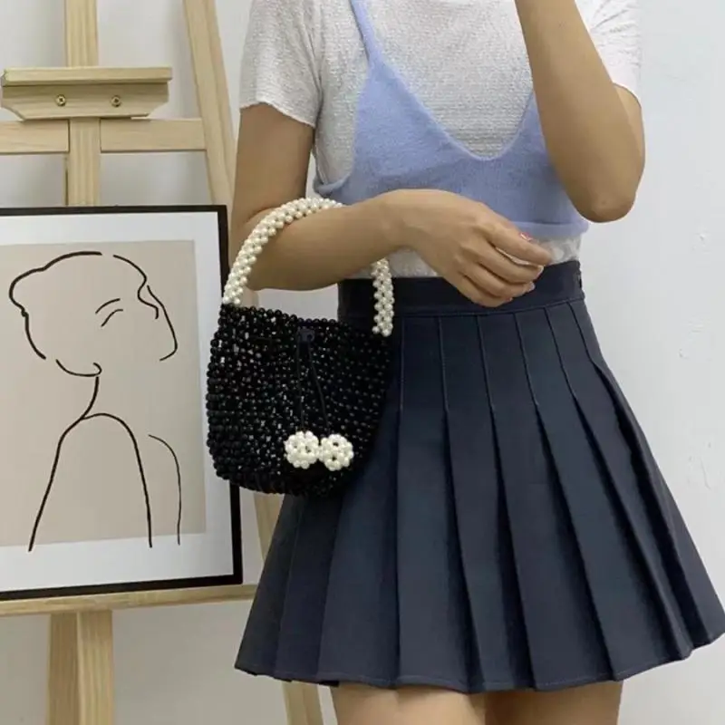 

Fashion Wooden Beads Woven Handbags Woman Designer Contrast Colors Pearl Tote Bag Ladies Summer Leisure Beach Women's Bag 2022