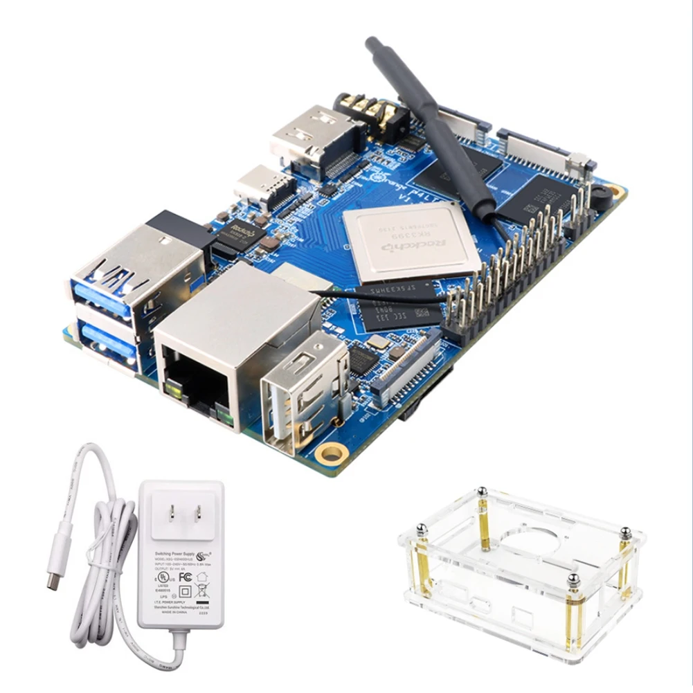 For Orange Pi 4 LTS 4GB Rockchip RK3399 16GB EMMC Development Board+5V4A Power Supply+Acrylic Case US Plug
