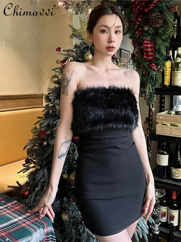 

Ladies Sexy Off-the-Shoulder Exposed Back Waist Slimming Dress Artificial Fur Stitching Inner Ner Wear Bottom Top Dress Women