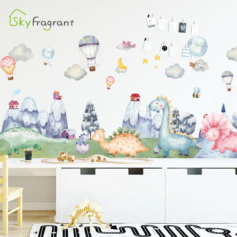 

Cartoon Cute Dinosaur Wall Stickers For Kids Rooms Baby Bedroom Wall Decorations Kicking Line Self Adhesive Decoration Stickers