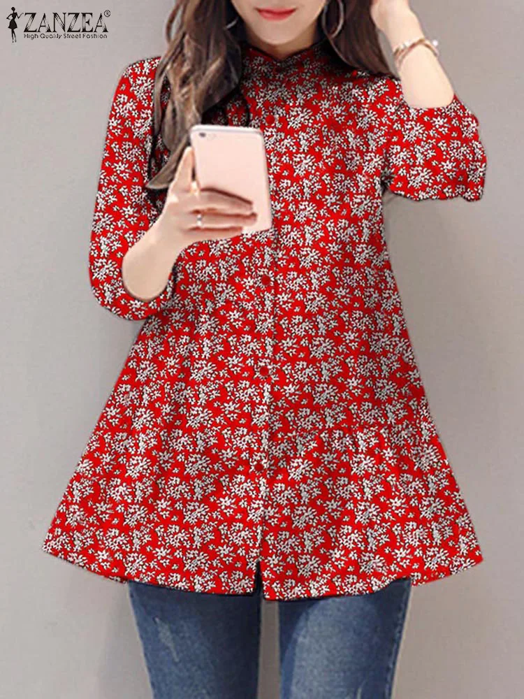 

ZANZEA Women Floral Print Stand Collar 3/4 Lantern Sleeve Skirt Female Casual Vintage Elegant Blusas 2023 Loose Tunic Tops