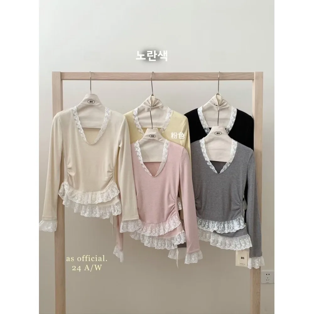 Корейская серия Pure Desire Атмосфера Кружевная строчка Подол Рубашка с длинными