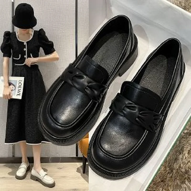 

Туфли женские демисезонные кожаные, лоферы, без застежки, бант, плоская подошва, лоферы, топ-сайдеры, черные