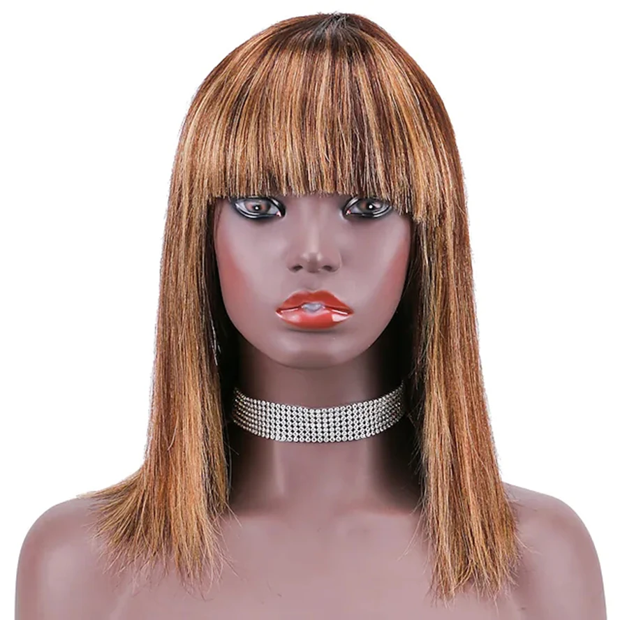 Straight Human Hair Wigs with Bangs Short Bob None Lace Human Hair Wig for women 150% Density  Brazilian Human Hair Caplass wigs