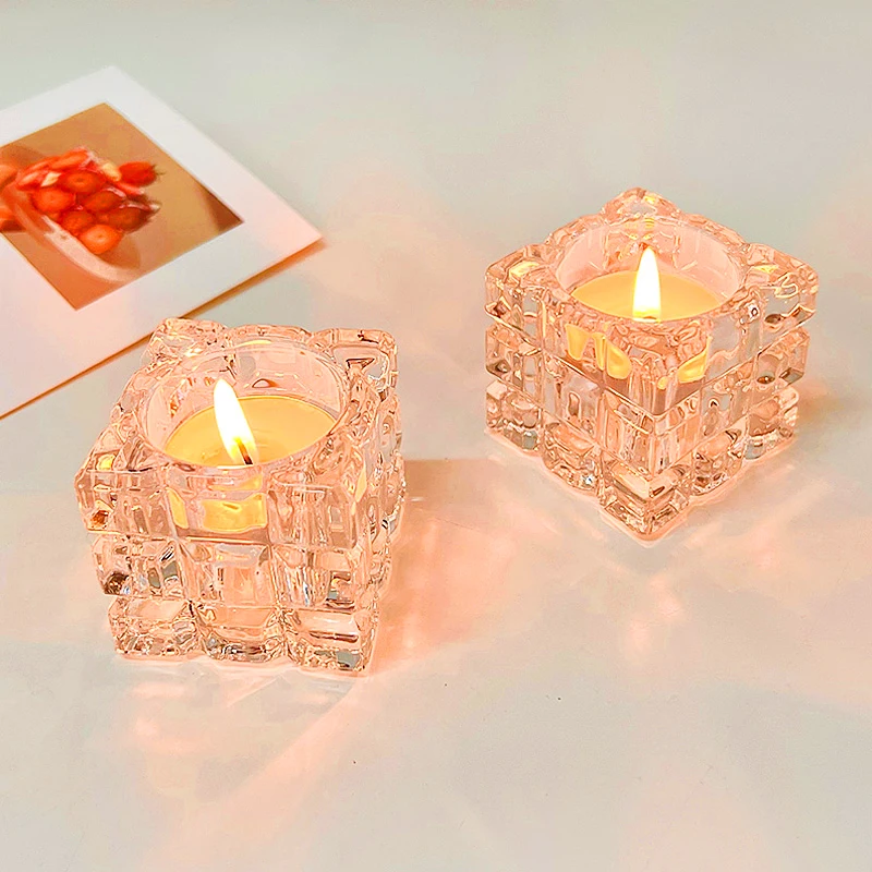 Transparent Crystal Glass Ice Cube Small Tealight Candlestick Storage Box Home Party Decor