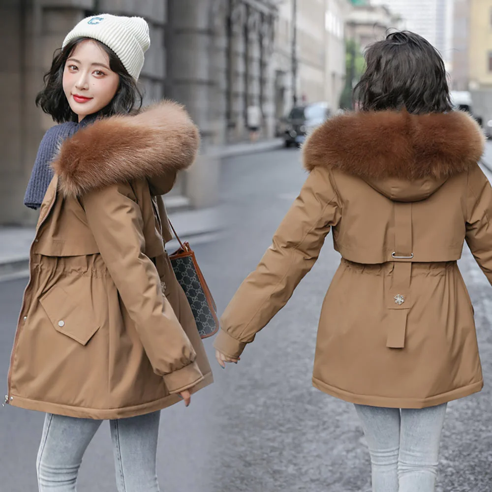 2022 New Winter Jacket Women's Parkas Hooded Coat Casual Long Fur Lining Cotton Padded Warm Female Jacket Outwear