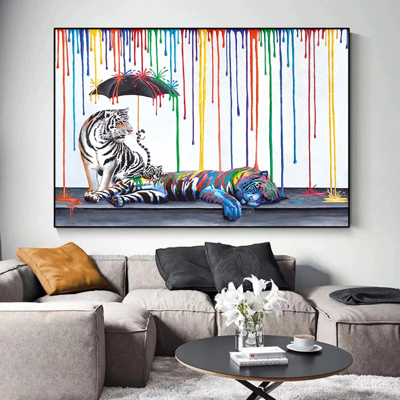 

Abstract Cartoon Animal Graffiti Painting Rainbow Rain Elephant Giraffe Tiger Poster Canvas Print Wall Picture Modern Home Decor