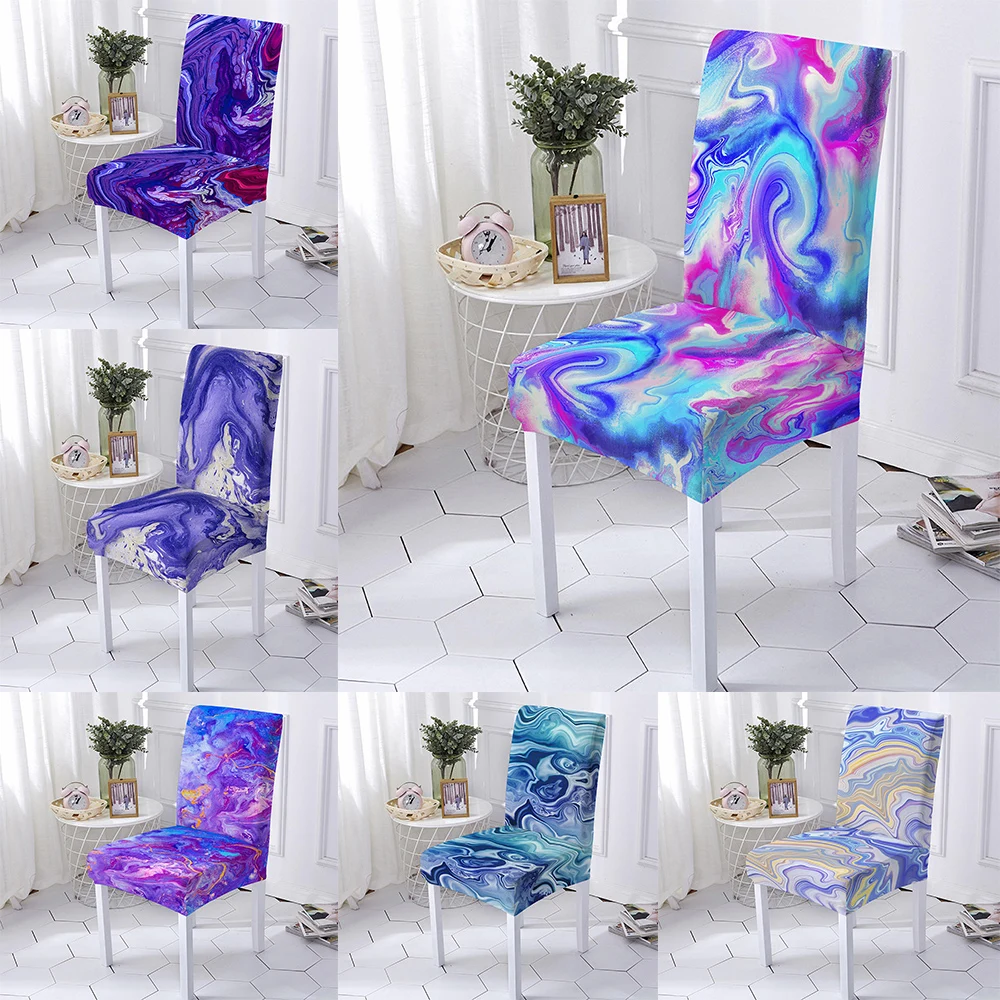 

Purple Ripple Chair Cover Removable Elastic Anti-Dust Chair Slipcover For Dining Room Marble Print Banquet Decor Seat Protector