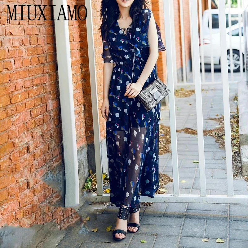 

MIUXIMAO 2022 весенне-Летняя женская одежда с круглым вырезом и коротким рукавом приталенное платье с принтом Модное Элегантное офисное платье
