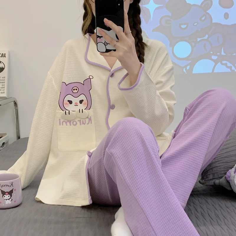 

Kawaii Sanrio Kuromi Pachacco Women's Pajamas Spring and Autumn New Cotton Cute Cardigan Waffle Casual Suit Japanese Ins Style