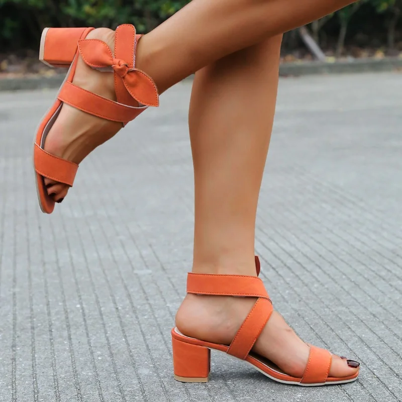 

Sandals Women Summer New Ankle Strap Chunky Heel High Heels Fashion Bow Women Wedding Latin Dance Shoes Big Size Sandalias Mujer