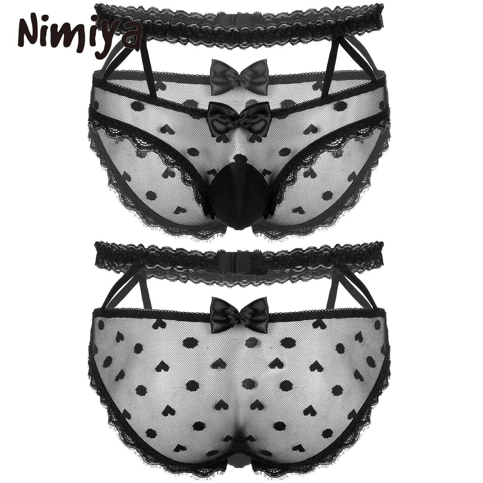 

Nimiya Mens Exotic See-through Sissy Briefs with Bowknot Frilly Trimming Crossdress Underwears Low Waist Bulge Pouch Underpants