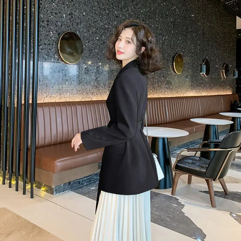 Luxury Chic Long Sleeve Women Blazers Belt Black Suit Office Ladies Jacket Korean Style Coats Double-breasted Solid  Blazer