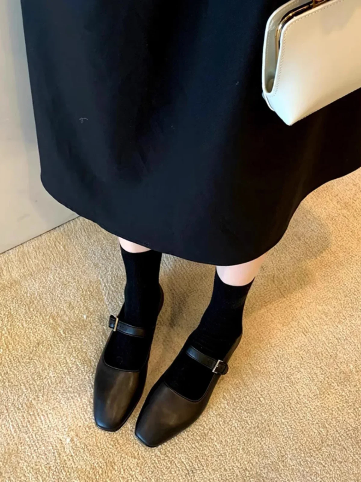 w stylu retro pojedynczy but z płaską podeszwą i płytkimi ustami damskie małe skórzane buty Mary Jane kwadratowym noskiem