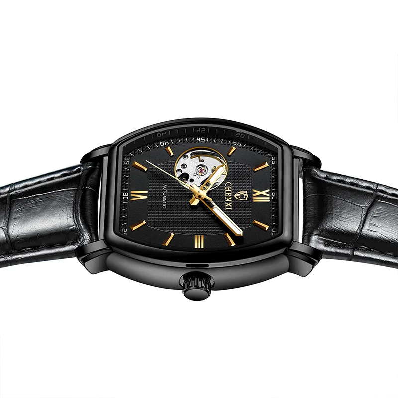 

Bucket Watch Men's Leather Strap Waterproof Skeleton Automatic Mechanical Watch