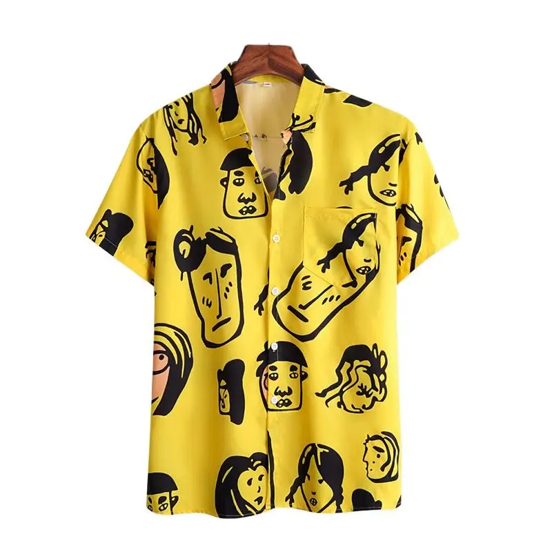 

2021 Summer New Mens Holiday Beach Style Short Sleeve Hawaiian Shirts yellowr Printing Casual Flowe Shirt For Men Blouse Loose