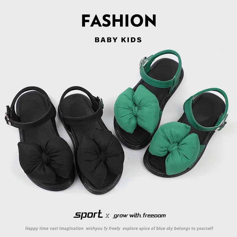 

Summer Girl's Sandals Puffy Bowknot Trendy Black Green Children Sliders Soft Sole Flexiable 26-36 Open Toe Comfy Kids Shoes