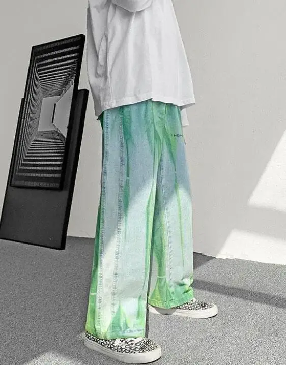 Jeans Men Tie Dye Print Denim Pants Baggy Elastic Waist Straight Trousers High Street Punk Cool Green Jeans