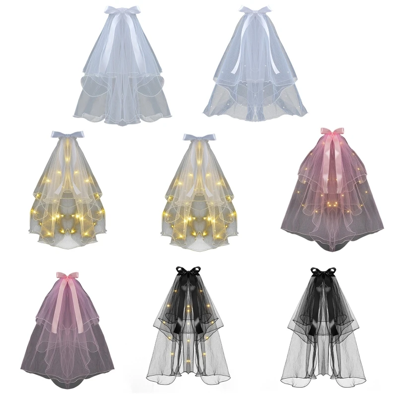 

H9ED Light Up Wedding Veil Led Light Veil with False Pearl Bead Led Bridal Veil