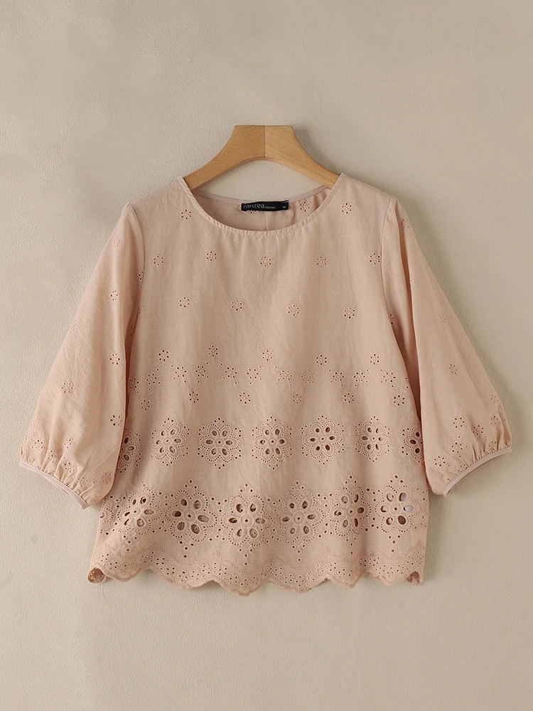 ZANZEA женские кружевные вязаные крючком футболки с круглым вырезом три четверти