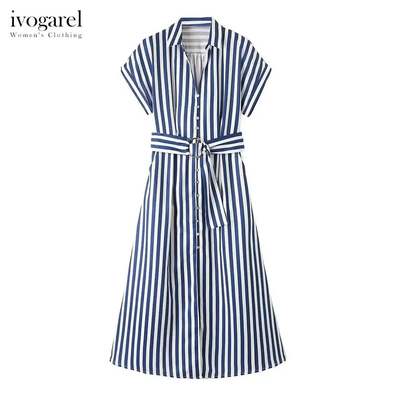 

Ivogarel Striped Linen Blend Shirt Dress Women's Chic Traf Office Midi Dress with Johnny Collar and Belted Detail A-line Hem