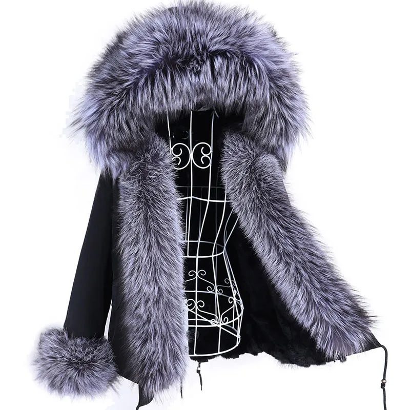 Enlarge Maomaokong 2022 New Women Winter Fur Coat Rabbit Lining Hoode Jacket Natural Real Fox Raccoon Collar Parka Short Female Clothing