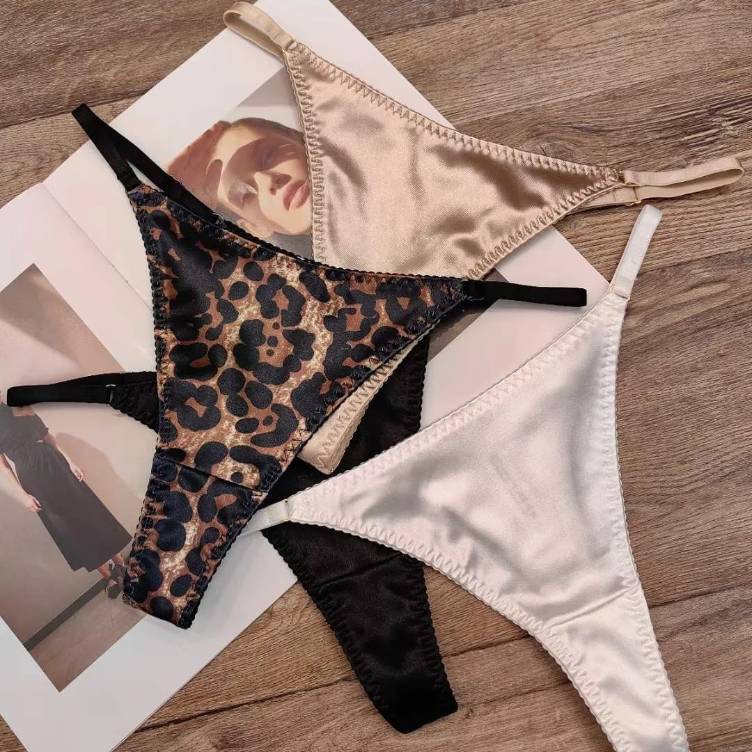 Женские стринги сексуальные атласные бесшовные трусики с леопардовым принтом
