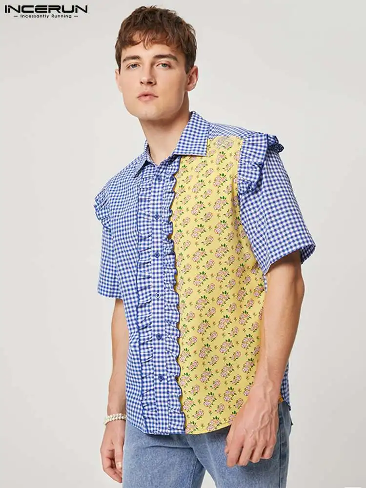 

Stylish Hot Sale New Men Tops INCERUN Leaf Wavy Plaid Blouse Casual Streetwear Male Stitching Floral Short-sleeved Shirts S-5XL
