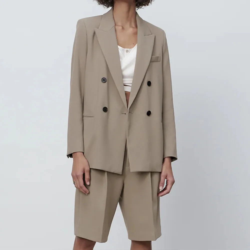 

2022 Za Ur HM Za Women Fashion Tweed Double Breasted Blazer Coat Vintage Long Sleeve Flap Pockets Female Outerwear Chic Veste