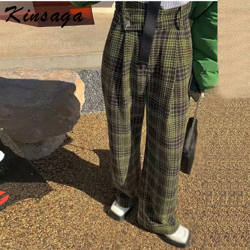 

Корейские Модные Зеленые Клетчатые Шерстяные Костюмные брюки женские элегантные Асимметричные широкие брюки с высокой талией мешковатые ...