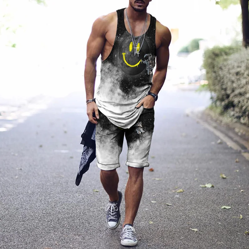 

Мужская майка и спортивные шорты в стиле Харадзюку, модный брендовый винтажный Повседневный Топ с 3D рисунком, спортивные шорты для бега, размеры до двух предметов, лето