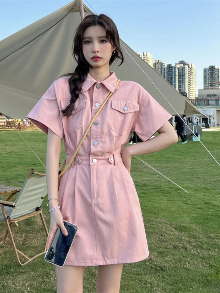 

Summer New Pink Denim Dress Women Vintage High Waist Short Sleeve Polo Collar Mini Dresses Woman