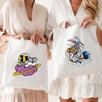shopping bags women canvas shoulder bag reusable ladies astronaut printing handbags casual tote grocery storage bag for girls