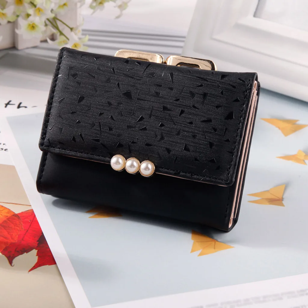 

Wallets & Holders Short Wallet Women New Fashion Tri-Fold Coin Purse Pearl Purse Solid Color Credit Card Holder Bags